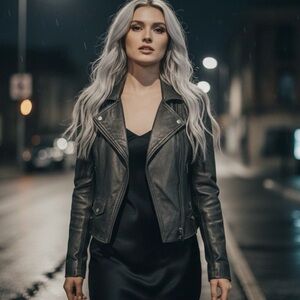 Vintage EMILIE D. Grey Leather Moto Jacket from Saks Women’s Size Medium